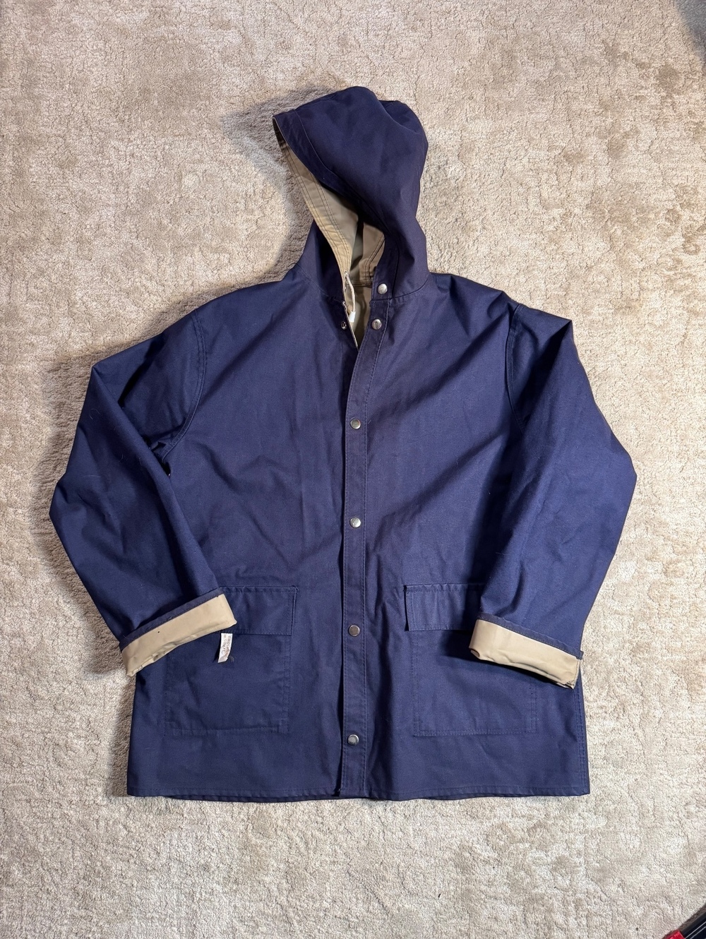 Brooks Brothers Navy Blue Hooded Vinyl Shell Jacket with Rayon Backing